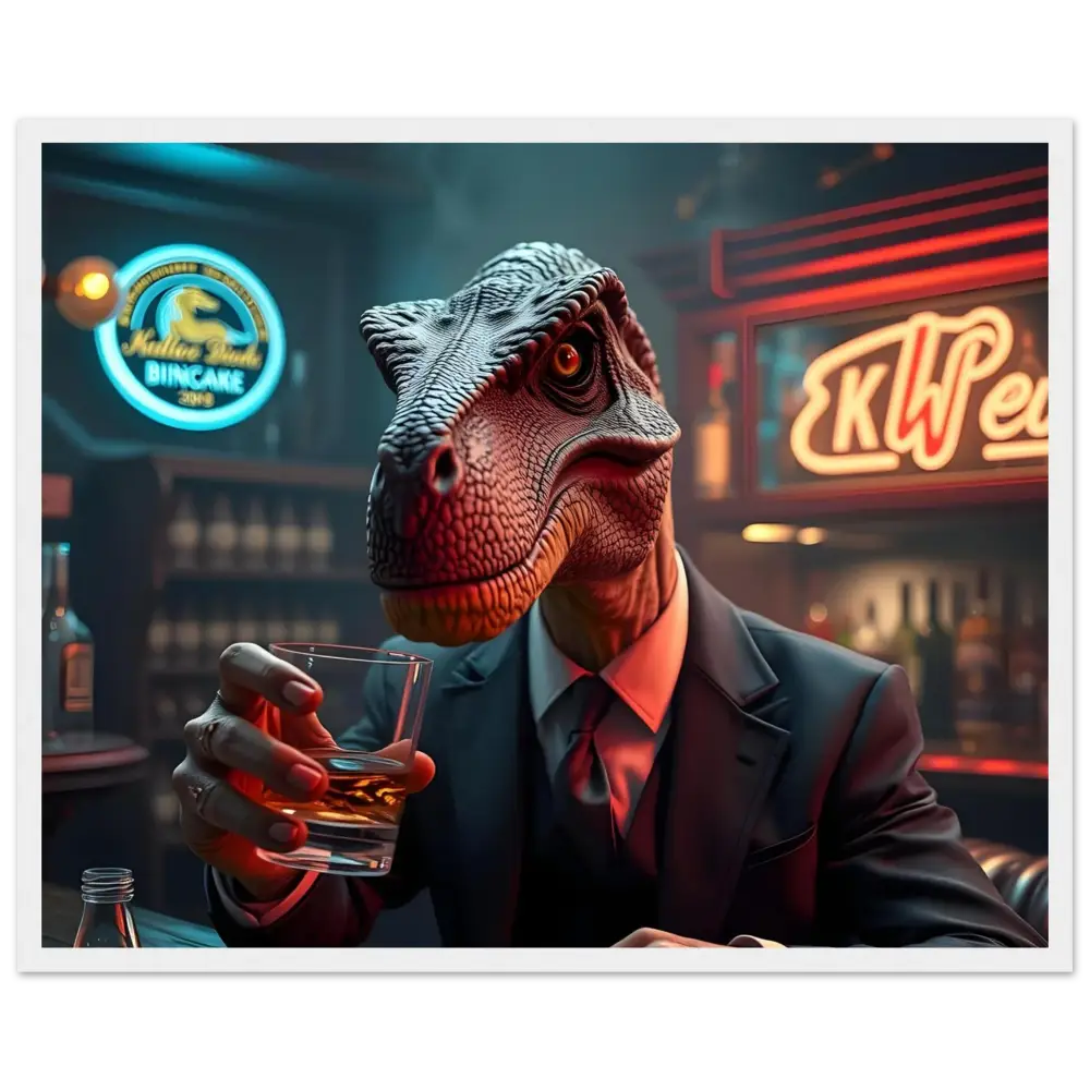 Dapper dinosaur drinking whiskey artwork on PixiOnyx Matte Print for After Hours Instincts