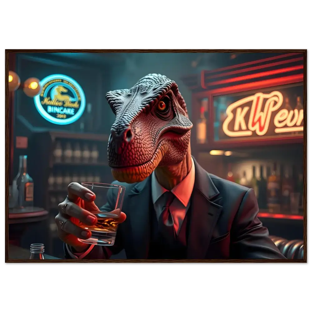Dinosaur in suit drinking whiskey framed art piece PixiOnyx matte print