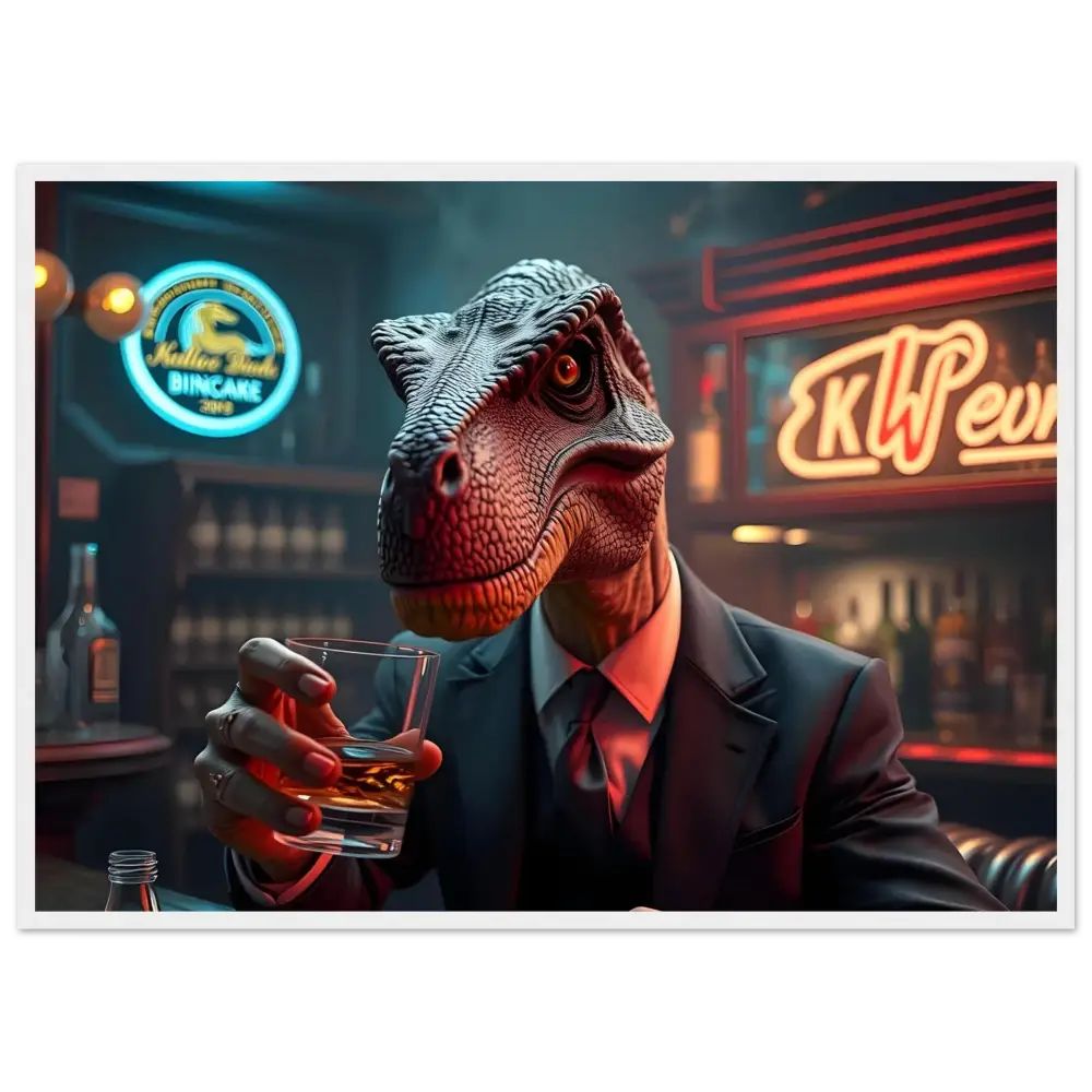 Dinosaur in a suit drinking whiskey framed art print displayed on PixiOnyx Matte Paper