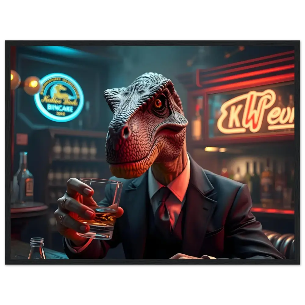 Framed Whiskey Raptor Art after hours instincts pixelonyx matte print featuring a dinosaur in a suit drinking whiskey