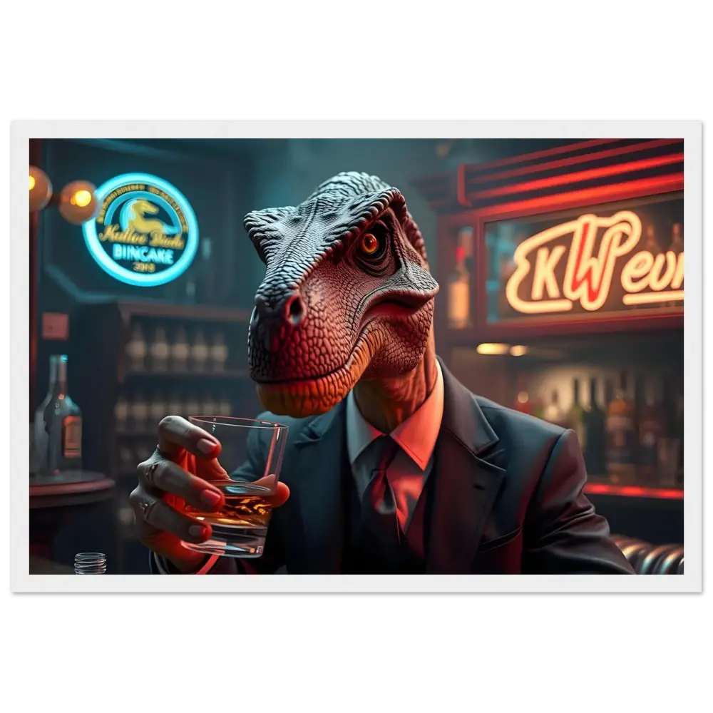 Framed Whiskey Raptor Art – After Hours Instincts PixiOnyx Matte Print featuring dinosaur in suit drinking whiskey