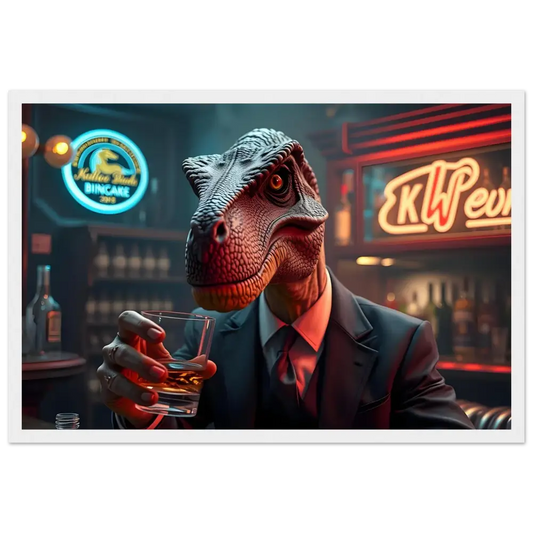 Framed Whiskey Raptor Art – After Hours Instincts PixiOnyx Matte Print featuring dinosaur in suit drinking whiskey