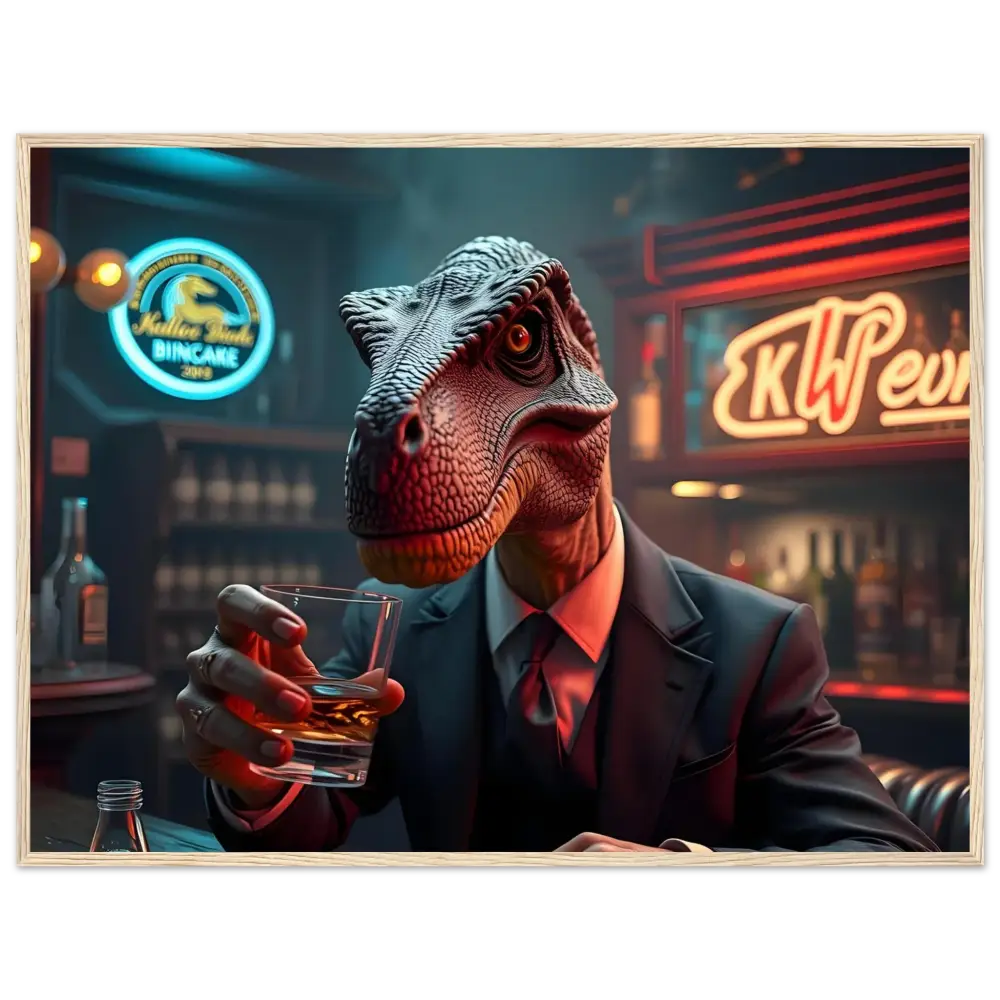 Framed Whiskey Raptor Art featuring a dinosaur in a suit drinking whiskey on PixiOnyx Matte Print