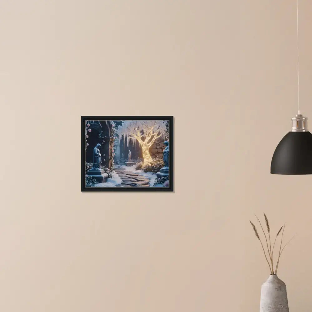 Framed winter garden art featuring a glowing ice tree on PixiOnyx matte canvas