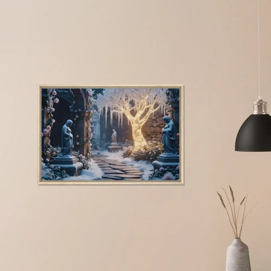 Framed winter garden artwork on PixiOnyx matte canvas showcasing a glowing ice tree scene