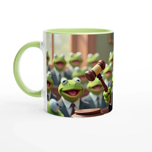 Green and white frog jury design ceramic mug from PixiOnyx Frog Court collection