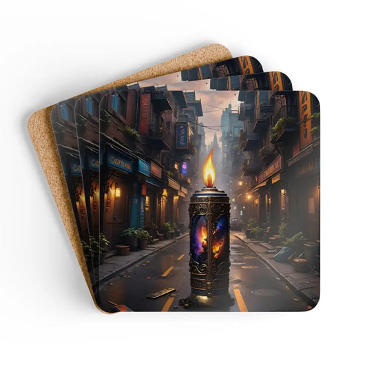Set of square coasters from Galactic Flame Coaster Set with Cosmic Streetlight Design