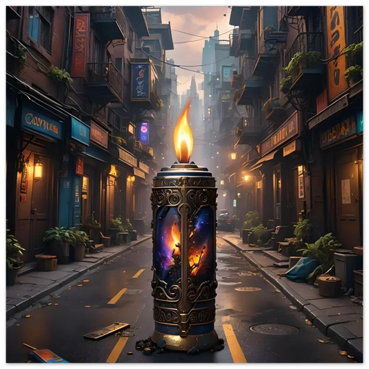 Ornate candle with celestial imagery from Galactic Flame Fine Art Poster by PixiOnyx