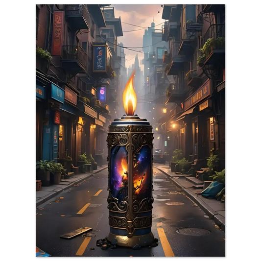 Ornate candle featuring cosmic imagery on Galactic Flame Metal Print PixiOnyx Exclusive