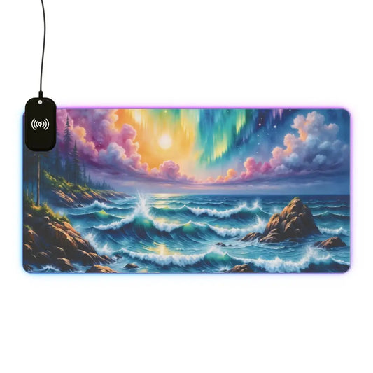 RGB Gaming Mouse Pad Celestial Tide with vibrant seascape aurora borealis design and wireless charging