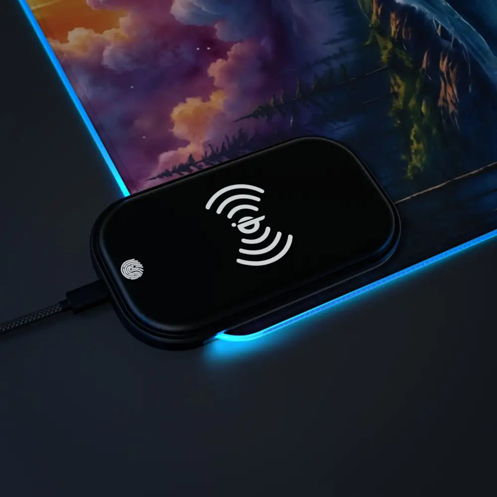 Black wireless charging pad with fingerprint sensor on Gaming Mouse Pad Celestial Tide