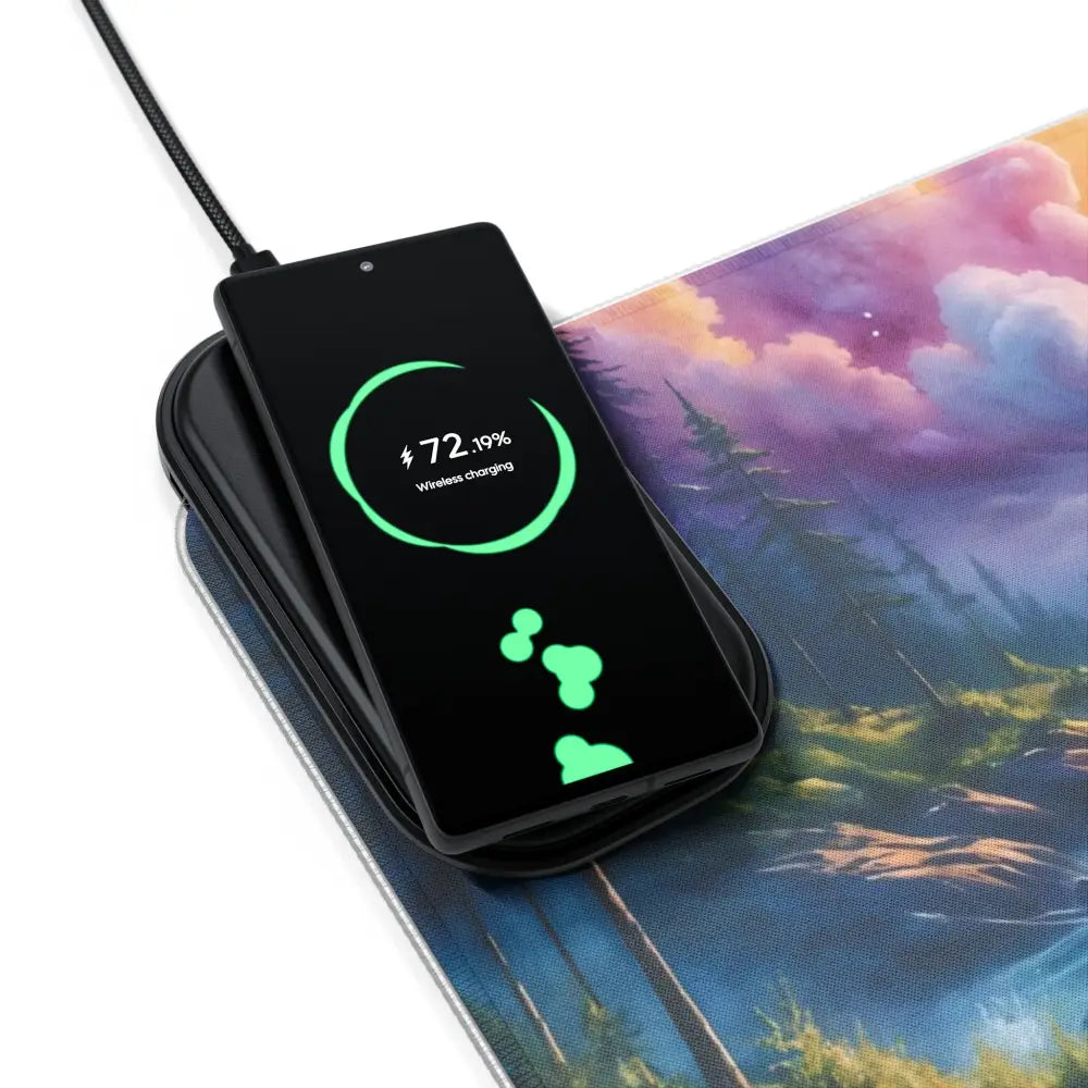 Black smartphone wirelessly charging on Gaming Mouse Pad Celestial Tide PixiOnyx RGB LED Charger Mat