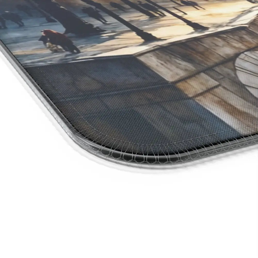 Anti-fatigue mat with surreal cityscape meets cyberspace print for gaming comfort