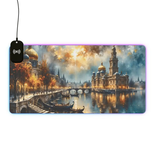 RGB gaming mouse pad with cityscape meets cyberspace and surreal skyline glowing scene