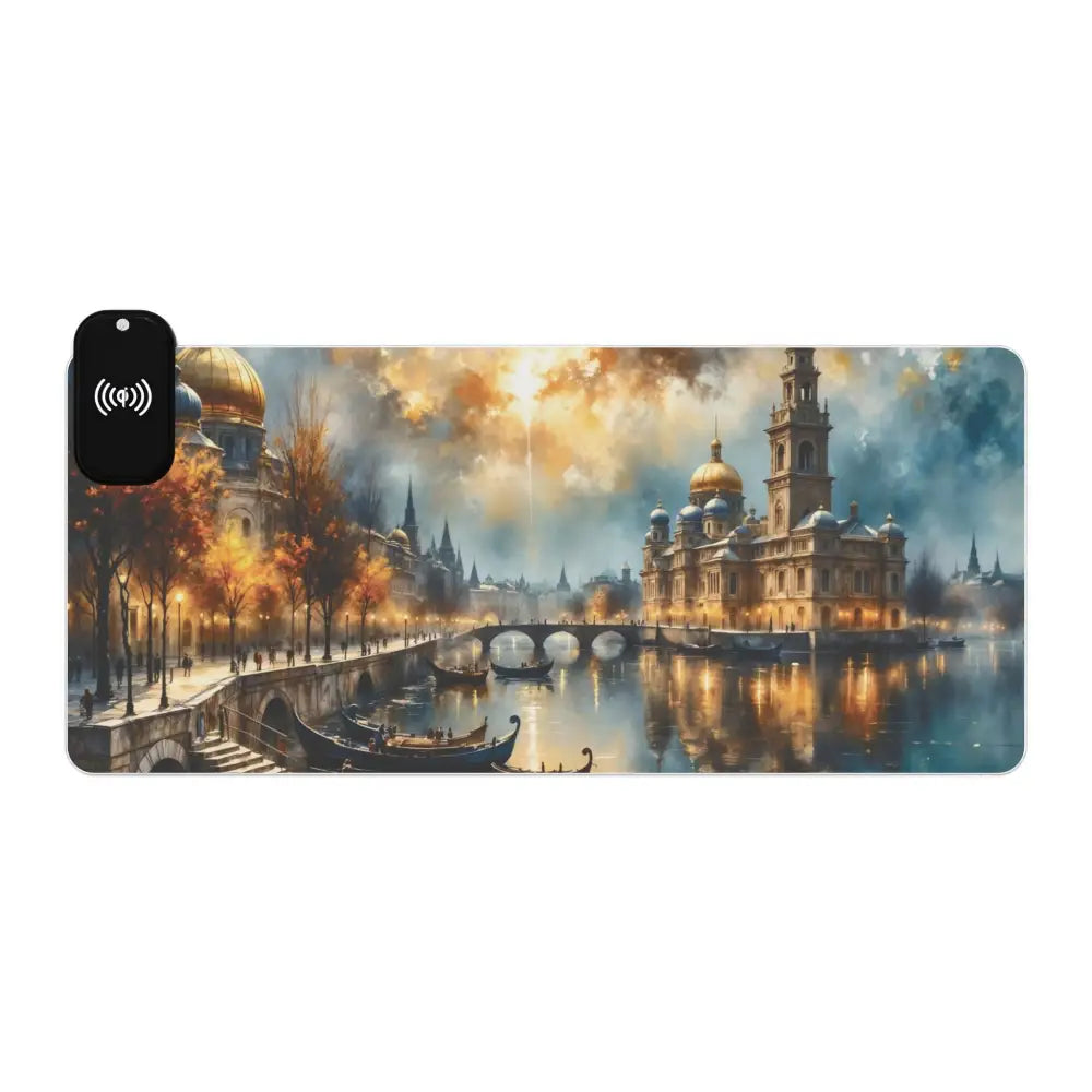 Gaming Mouse Pad with scenic watercolor cityscape meets cyberspace and glowing surreal skyline