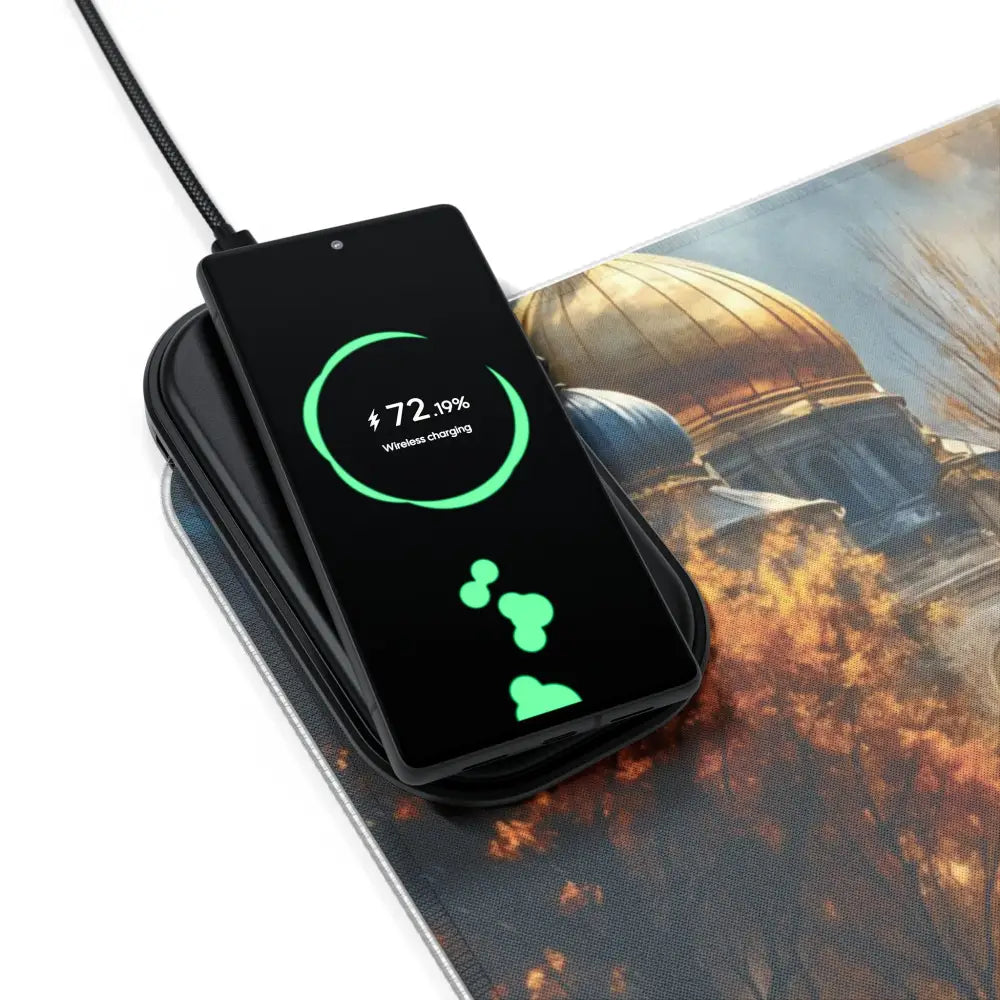 Black smartphone wirelessly charging on PixiOnyx Luminous Charge Deck with surreal skyline glowing