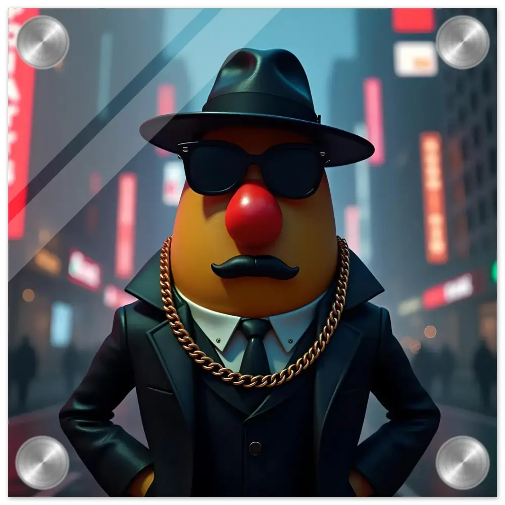 Gangster Mr Potato Head Acrylic Wall Art displayed in PixiOnyx product listing