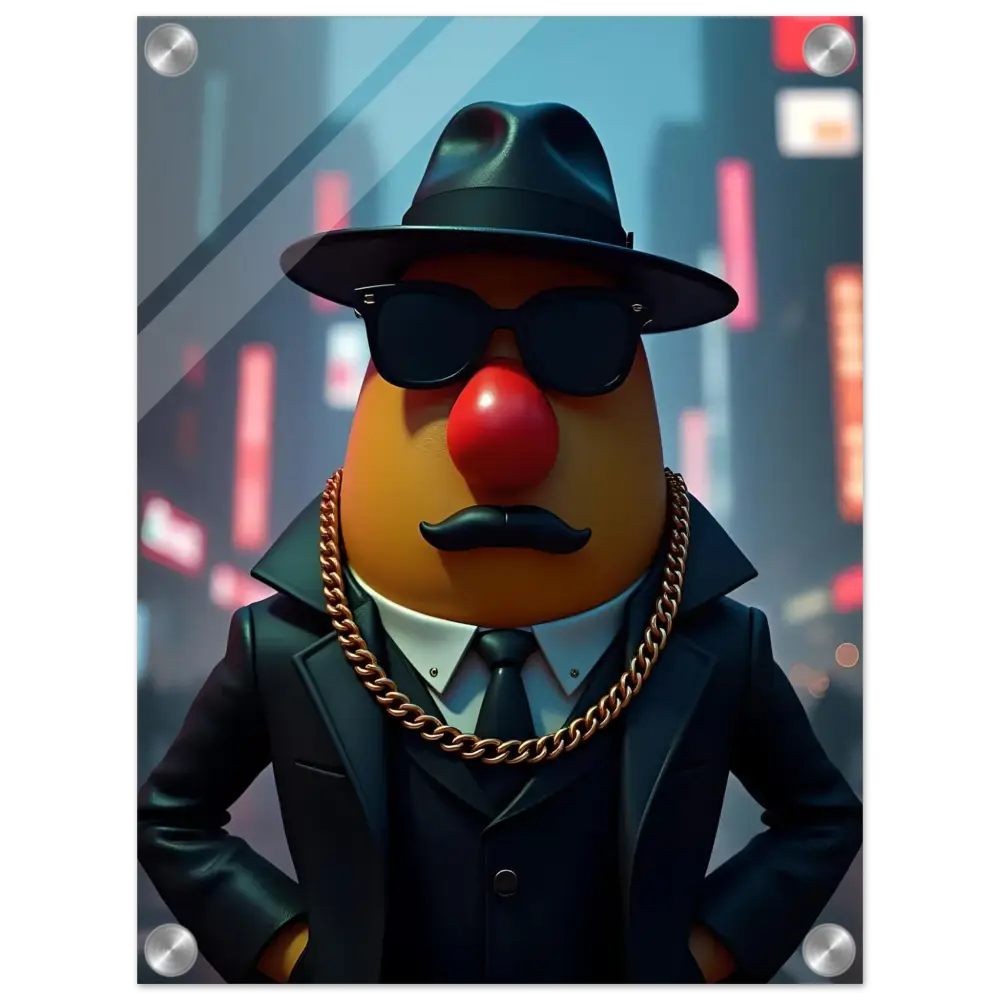 Gangster Potato Acrylic Wall Art featuring Mr. Potato Head in a suit and fedora on display