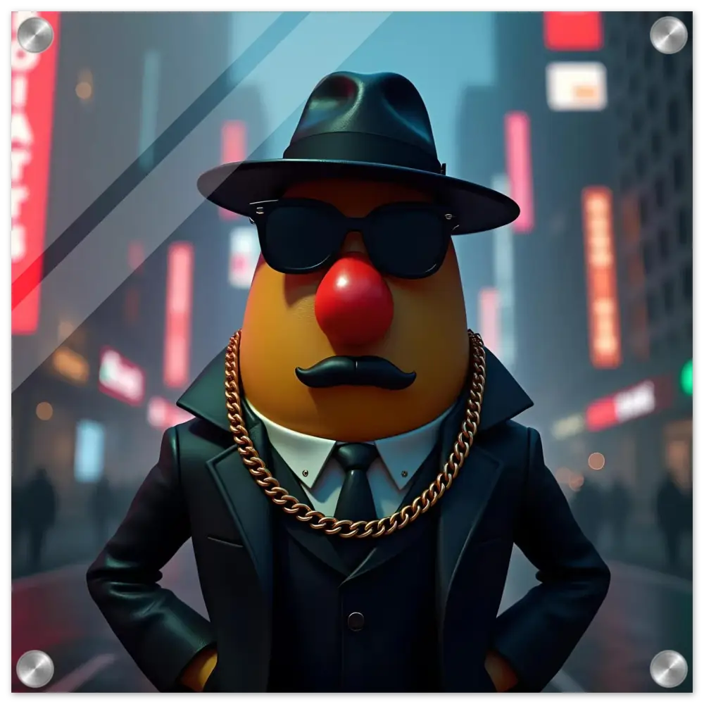 Gangster Mr. Potato Head acrylic wall art displayed in PixiOnyx product scene