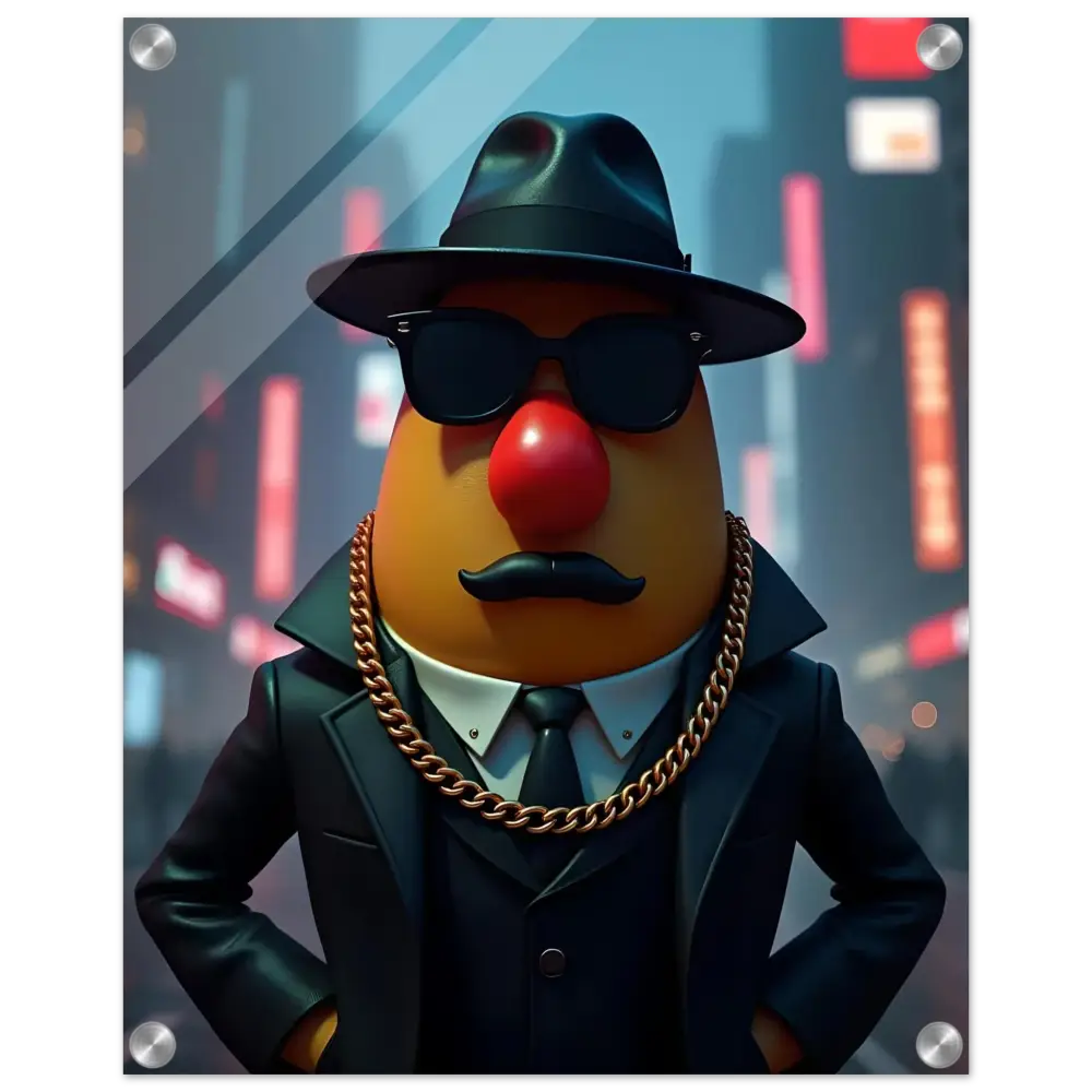 Gangster Mr Potato Head acrylic wall art displayed in PixiOnyx product packaging