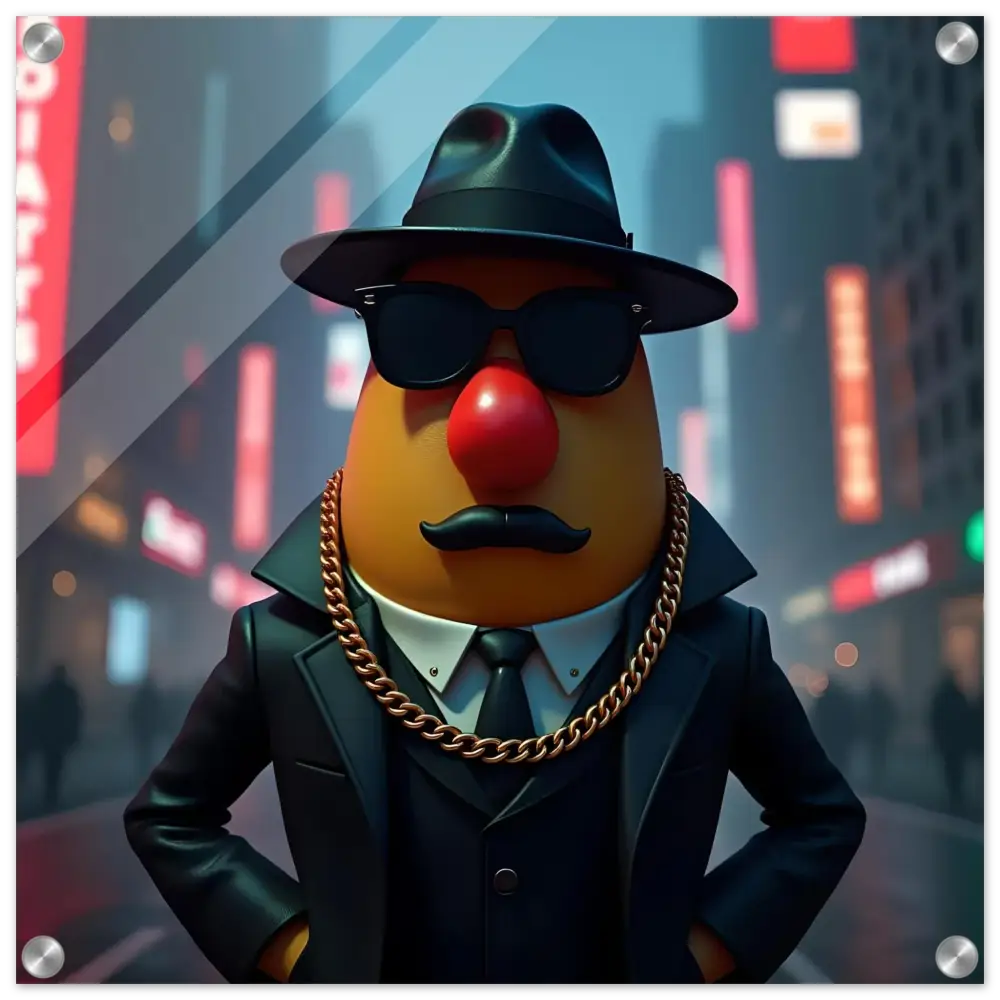 Mr Potato Head gangster acrylic wall art displayed in Gangster Potato PixiOnyx product