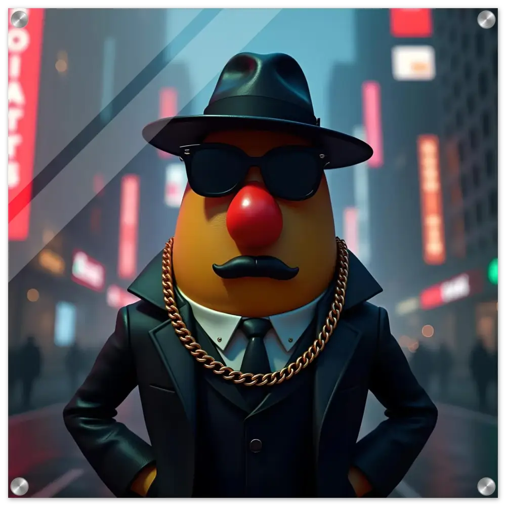 Mr Potato Head gangster acrylic wall art displayed in PixiOnyx Gangster Potato product