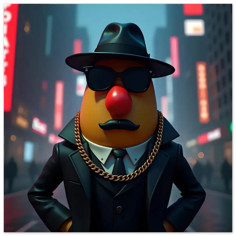 Mr. Potato Head in a suit and fedora on Gangster Potato Aluminum Wall Print from PixiOnyx