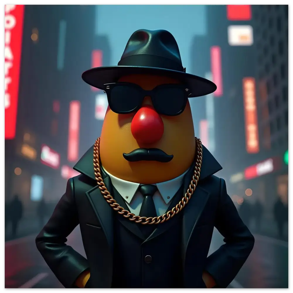 Mr. Potato Head in a suit and fedora on the Gangster Potato Aluminum Wall Print by PixiOnyx