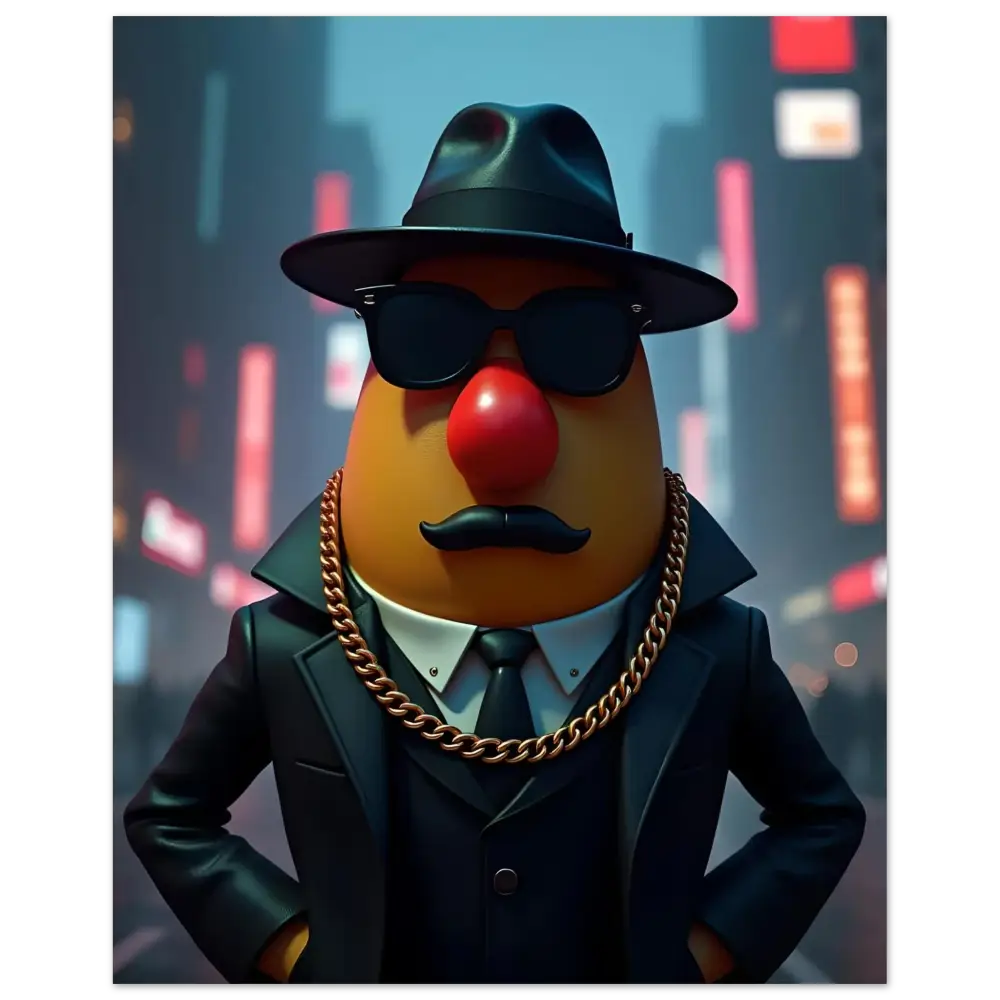 Gangster Potato Aluminum Wall Print featuring Mr. Potato Head in a suit from PixiOnyx