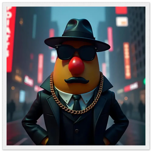Gangster Mr Potato Head framed poster from PixiOnyx featuring a playful cartoon character