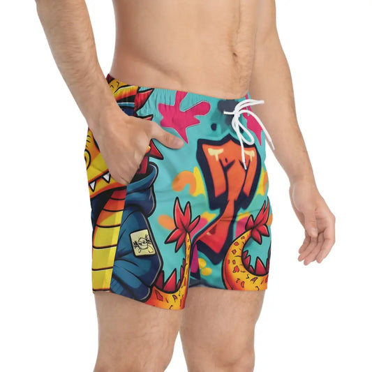 Colorful graffiti-style swim trunks from PixiOnyx Urban Men’s Collection for street style beachwear