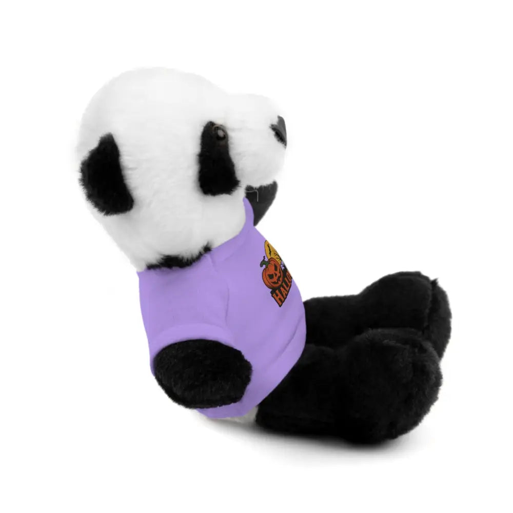 Plush panda toy wearing purple shirt with haunted house pumpkin design collectible plush