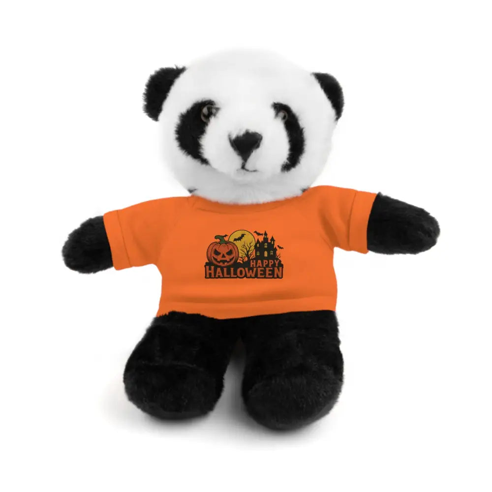 Plush panda wearing orange Halloween T-shirt featuring haunted house design collectible plush