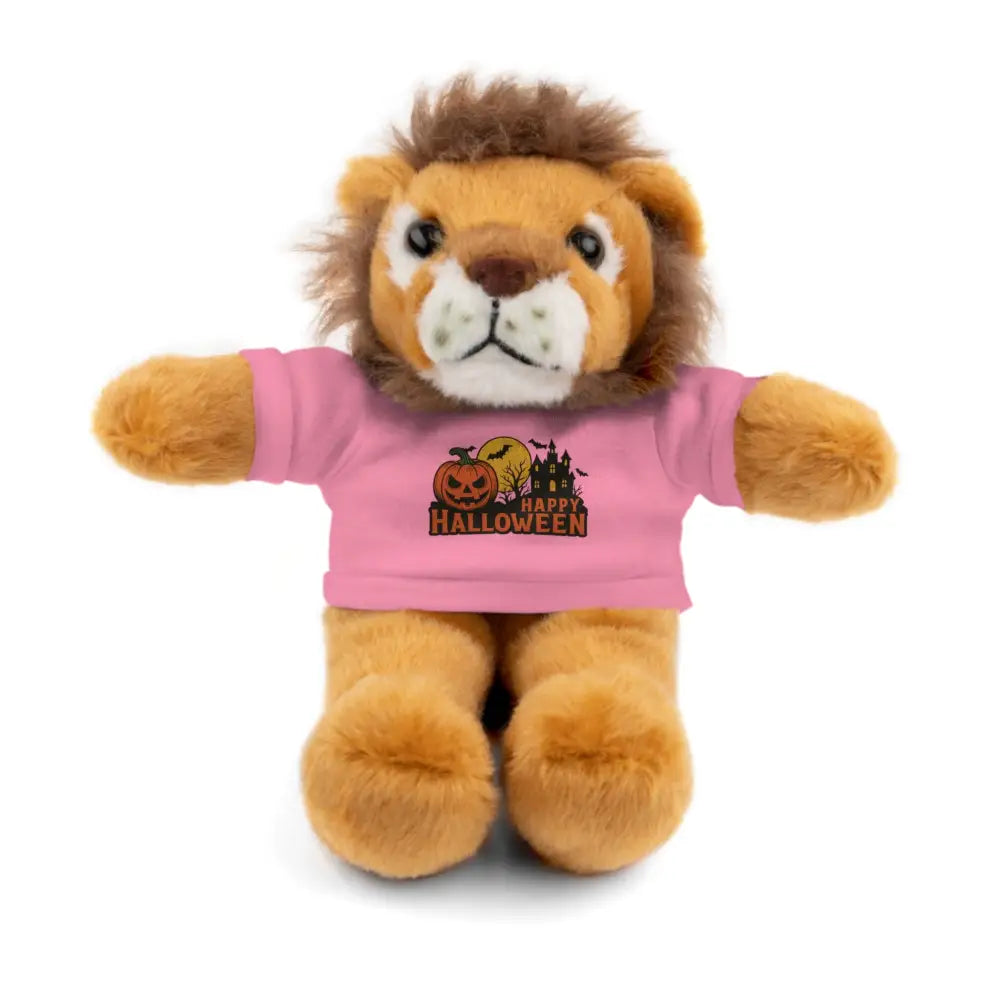 Plush lion toy wearing pink Halloween tee with haunted house design, collectible plush