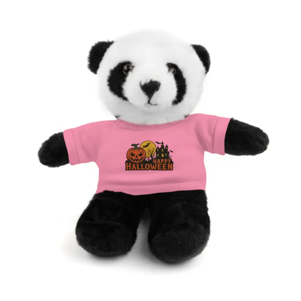 Plush panda wearing pink Halloween T-shirt featuring haunted house design, collectible plush toy