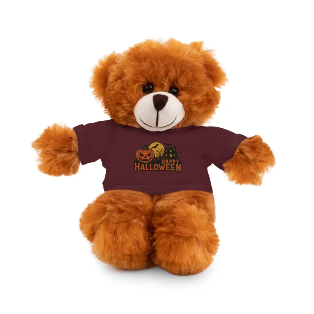 Brown teddy bear wearing a Halloween haunted house T-shirt, collectible plush toy