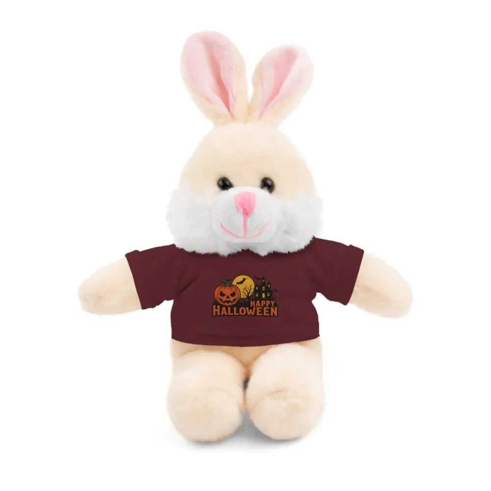 Cream-colored plush bunny wearing a Halloween haunted house tee, collectible plush toy