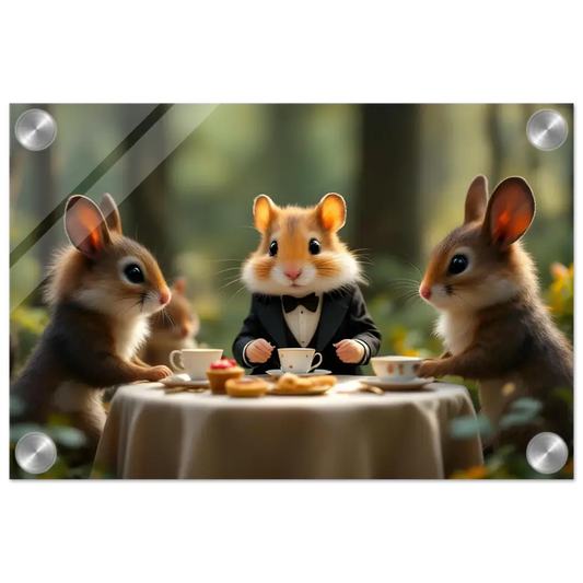 Anthropomorphic animals having tea in Enchanted Forest Gathering acrylic panel by PixiOnyx