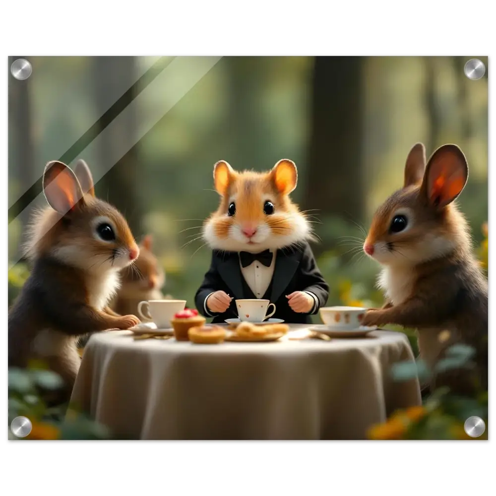 Anthropomorphic animals enjoying a tea party in the Enchanted Forest gathering acrylic panel