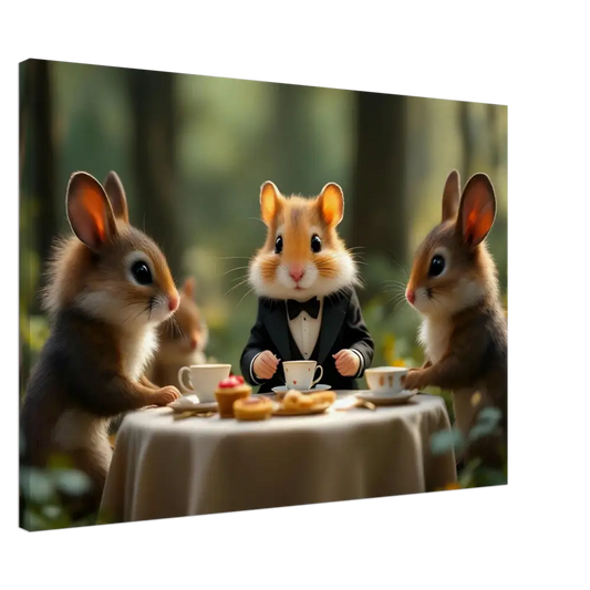 Whimsical animal tea party scene on canvas displayed in Hamster High Tea Canvas artwork