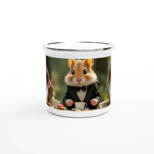 Enamel mug with hamster tea party design from PixiOnyx Woodland Edition