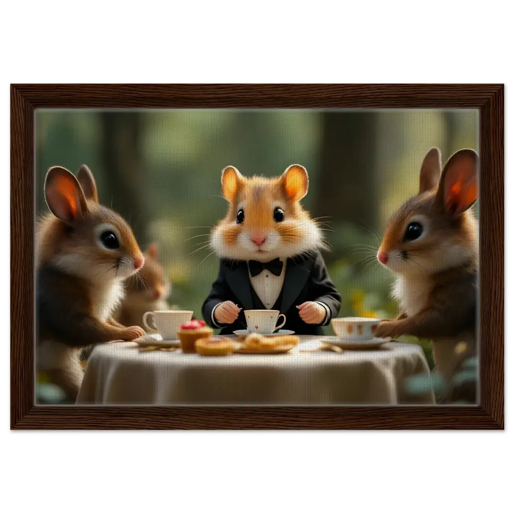 Anthropomorphic animals enjoying tea scene on Hamster High Tea Framed Canvas in Enchanted Woodland style