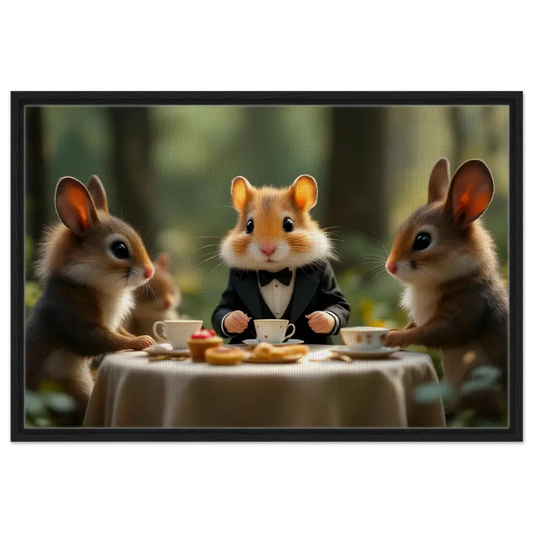 Anthropomorphic hamster in tuxedo hosting tea party on PixiOnyx Fantasy Print canvas