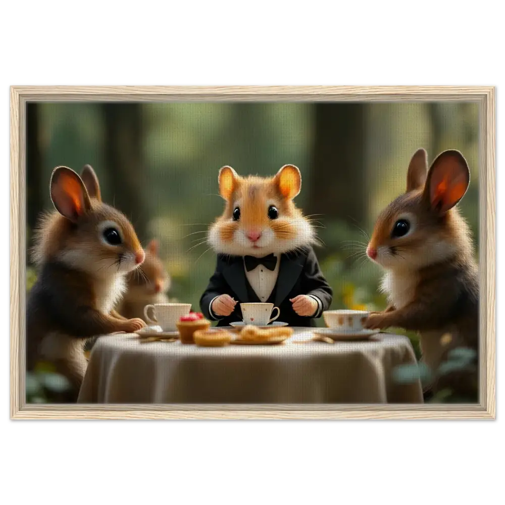 Anthropomorphic hamster hosting a tea party on PixiOnyx Fantasy Print framed canvas