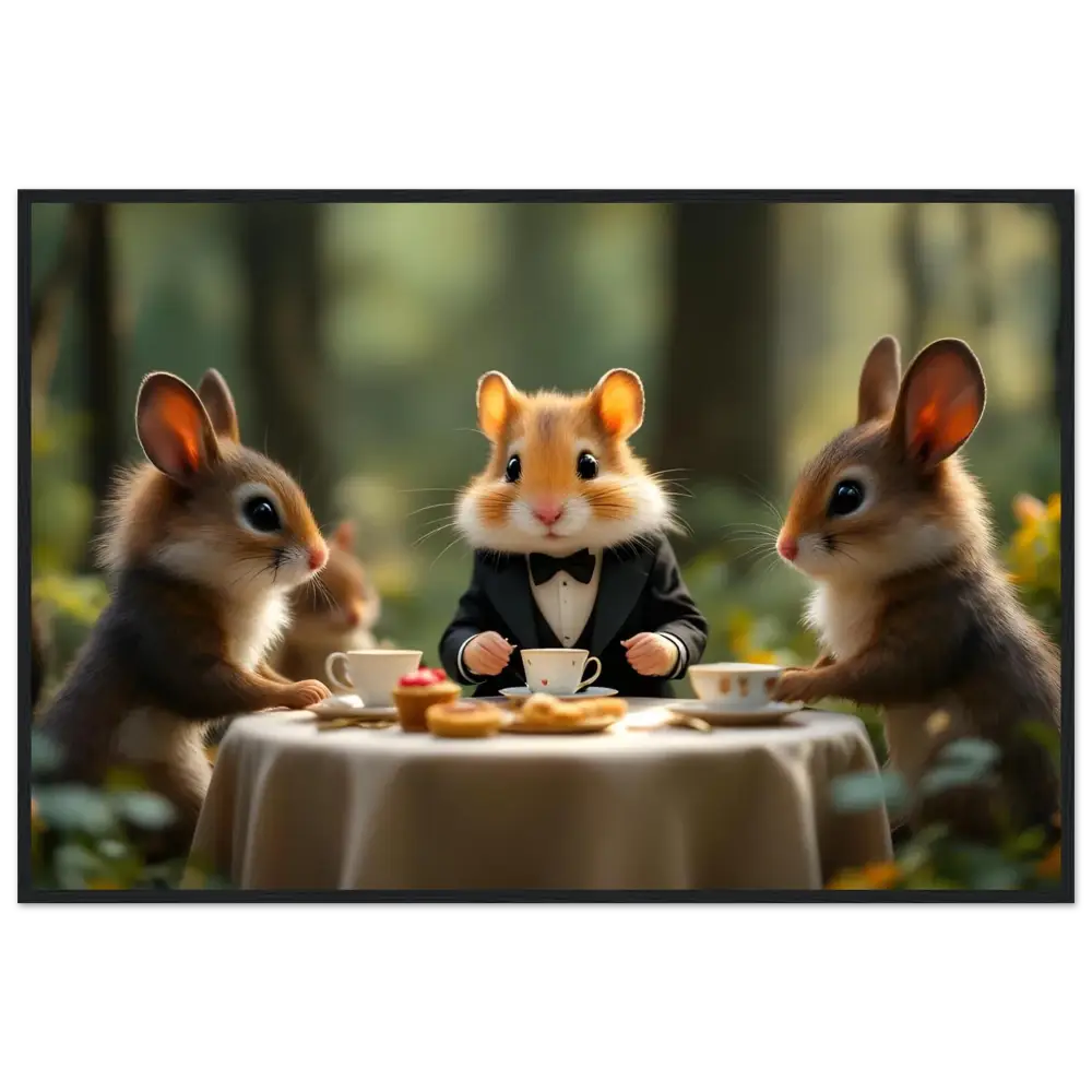 Anthropomorphic animals enjoying a tea party in woodland setting for Hamster High Tea Framed Poster