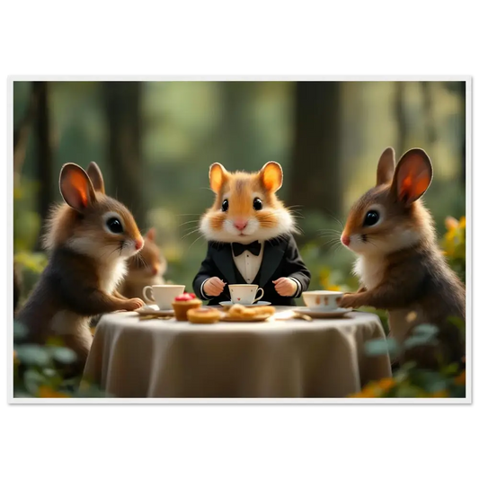 Anthropomorphic animals having tea in a whimsical woodland setting for Hamster High Tea Framed Poster