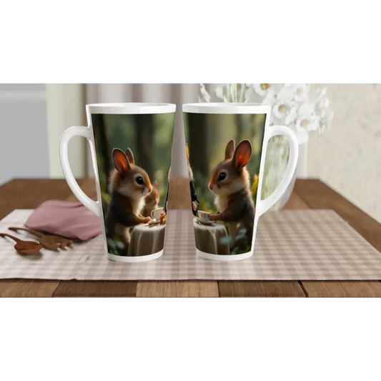 Woodland-themed ceramic latte mug featuring squirrel designs from PixiOnyx Woodland Gathering Edition