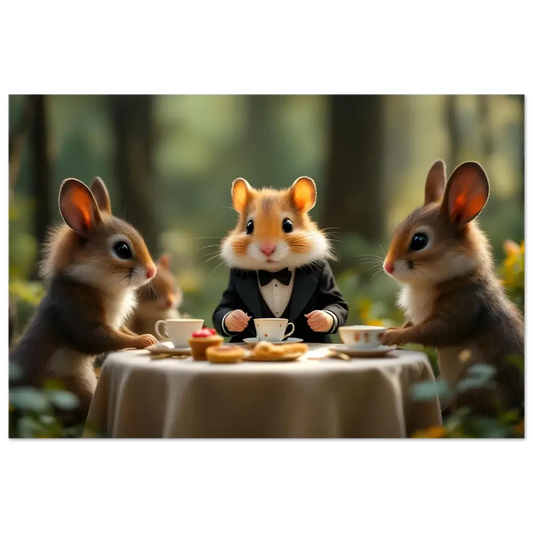 Anthropomorphic animals enjoying tea at a Woodland Gathering metal print