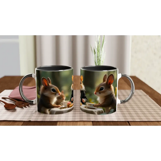 Two PixiOnyx ceramic mugs with squirrel and hamster woodland whimsical designs
