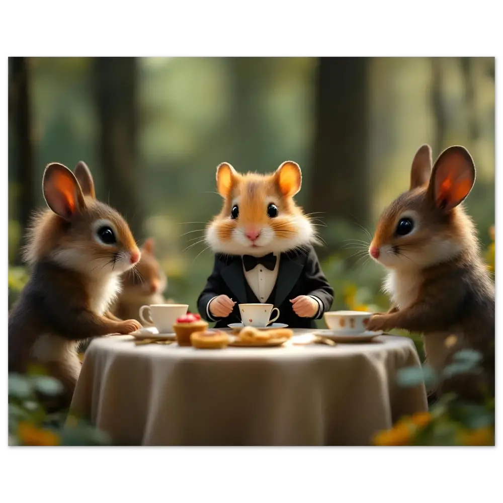 Anthropomorphic animals enjoying a tea party in Woodland Whimsy Gathering art print